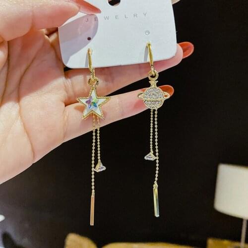 2021 Wholesale Pentagram Earth Tassel Asymmetric Earrings Korean New Temperament Long Earring Earrings