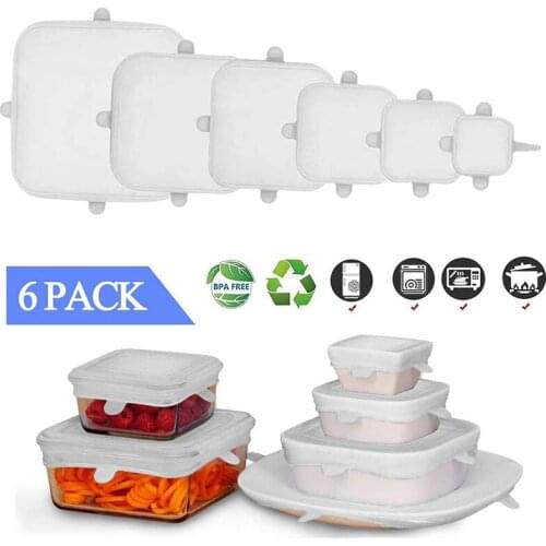 6Pcs Reusable Silicone Lids,Square Covers for Food Replacement Bowl Wraps Container Lids, Microwave Dishwasher Use Safe