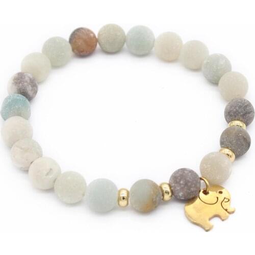 Stainless Steel Elephant Charm Bracelet for Women Vintage Bohemian Stone Beaded Bracelets & Bangles MBR180204