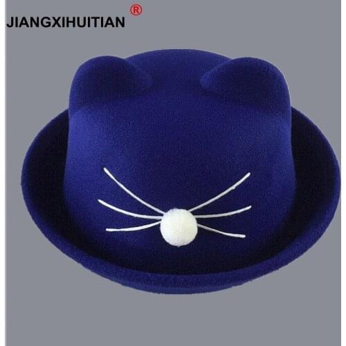 1-7 year Cute Cat Ears Top Cap boy girls Fashion Vintage Jazz Bowler Felt Fedora Hat Spring Autumn Cylinder Wool Caps Bonnet
