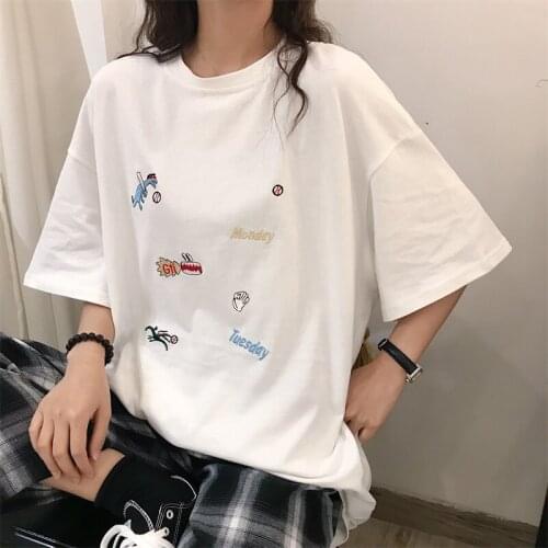 Cartoon Embroidered Loose T-shirt Womens T-shirts Tops Japanese Kawaii Ladies Ulzzang Female Korean Harajuku Clothes For Women