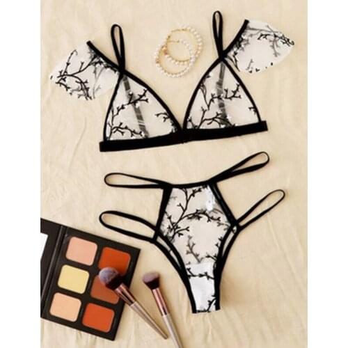 Leechee New Sexy Bra Floral Embroidery Sheer Mesh Lingerie Set Push up Bralette+Hollow out Thong Women Sexy Intimates Underwear