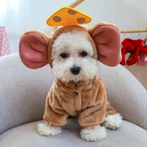 Pet Dog Costume Cute Plus Velvet Warm Cheese Mouse Big Ears Hoodies Coat Winter Warm Fleece Jumpsuit Puppy Cat Dog Clothes