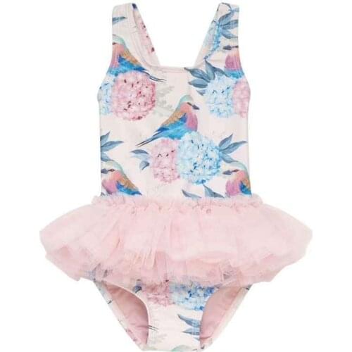 Summer baby one piece Cartoon TUTU swimwear girl Cut toddler Swim wear Ball Gown Flower Child swimsuit bikini dresses Free Hat