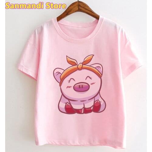 Cute Pig Animal Print Tshirts Tops For Girls Harajuku Kawaii Kids Clothes White Pink Short Sleeve T Shirt Children Clothing