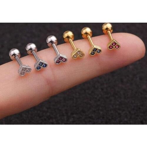 Mini Heart Blue Fuchsia Crystal CZ Gold Stainless Steel Curved Bar Cartilage Helix Stud Earrings Piercing Body Jewelry Gift