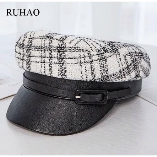 RUHAO Fashion plaid cotton hat cap women casual streetwear rope flat cap Elegant solid autumn winter warm beret hat female