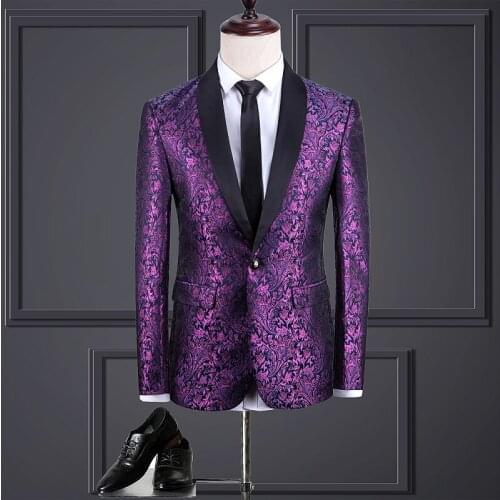 New Slim Fit Blazer Suits Mens Elegent One Button Party Club Host Male Oversized Blazer Casual Floral Printing Blazer Purple