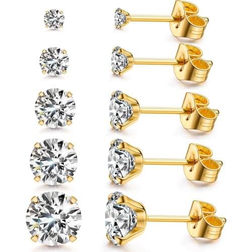 Stainless Steel Gold/Silver Color Earrings 4-8mm Six Claws Zirconia Crystal Stud Earrings For Women Girl Wedding Jewelry