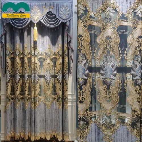 Embroidery Hollow Curtains Luxury European-style Thick Chenille Window Blackout Curtains for Living Dinning Room Bedroom Drapes