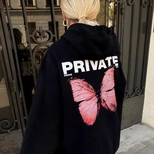Streetwear Hip Hop Punk Private Butterfly Goth Graphic Hoodie Vintage Punk Casual Loose Harajuku Sweatshirt Hooded Pullover Tops
