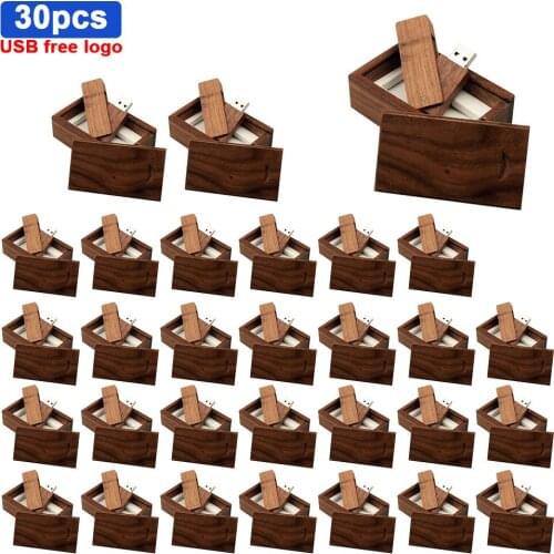30pcs free custom logo wooden spin + box USB 2.0 pendrive 4GB 8GB 16GB 32GB 64GB 128GB usb flash drive wood waterproof u disk