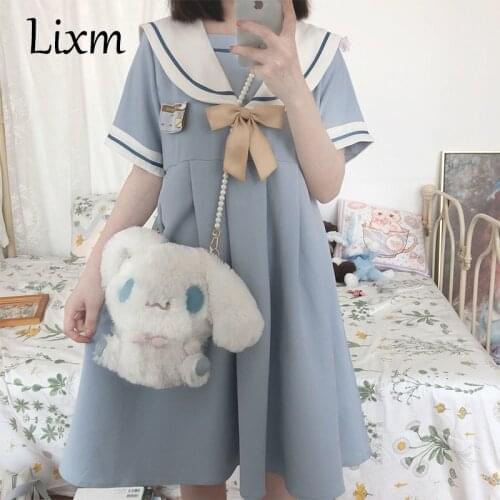 Japanese Summer Lolita Sweet Dress Harajuku JK Sailor Collar Navy Dresses Vintage Bow Kawaii Girls Preppy Style Loose Dress