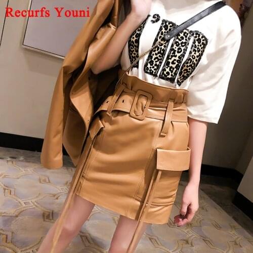 RYS9313 New Winter Women High Waist Belt Pocket Tassel Genuine Leather Skirts Female Mini Sexy Saia Camel Green Short Jupe