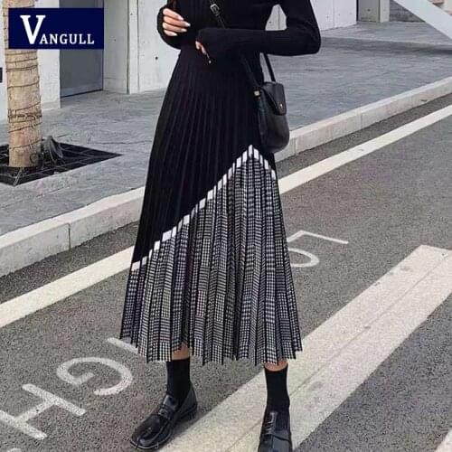 Vangull Houndstooth knitted Mid-Length Pleated Splicing A-line Half Female High-Waist Tight Fashion Black Cotton Soft Skirts