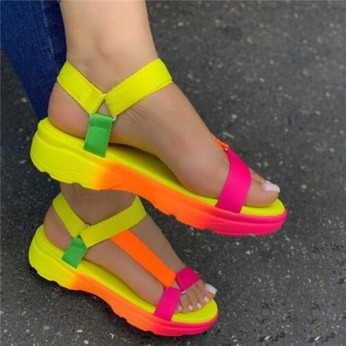 Plus Size Womens Sandals 2021 Summer New Womens Rainbow Color Explosion Models Womens Flat-bottomed Womens Sandals