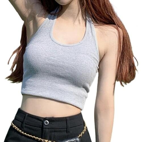 Women Halter Ribbed Knit Sleeveless U-neck Navel Exposed Sport Top Workout Tanks Tops Streetwear vetement femme топик женский