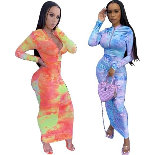 Autumn Winter Tie Dye Print Maxi Dress Women Elegant Zipper O Neck Long Sleeve Bodycon Party Ruched Dress Vestidos Robe Femme