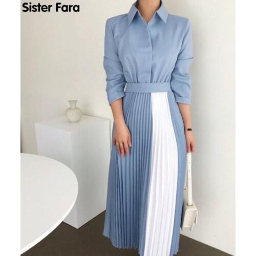 Sister Fara Autumn Ladies Solid Ankle-Length Dresses Spring Patchwork Lace Up Womens Dress Long Turn-down Collar Draped Dress