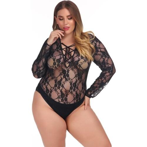 Plus Size Women Sexy Lingerie Set Hot Erotic Transparent Sexy Wear Floral Lace Underwear for Women Bodysuit Babydolls Longsleeve