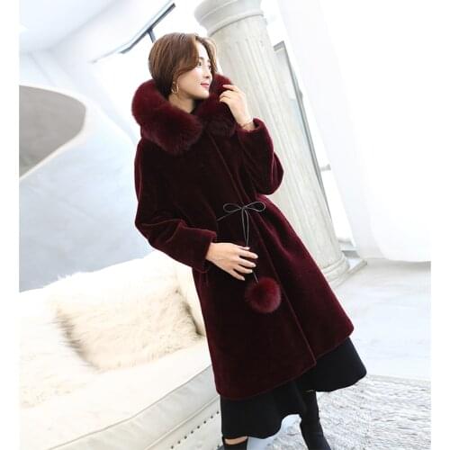 Sheared Real Nature Sheep Wool Coat Women Fox Fur Collar Hooded Long Pink Winter Jacket Casacas Para Mujer KJ651