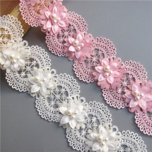1yard Polyester White Pink Pearl Flowers Embroidered Lace Trim Ribbon Applique DIY Manual Sewing Supplies Craft Decoration