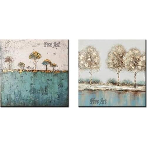 2PCS Group Textured Trees Picture Art Hand Painted Outdoor Landscape Oil Painting Modern Home Decoration 2 Panels Canvas Art
