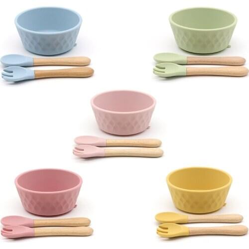 3 Pcs Baby Food Grade BPA-Free Silicone Suction Feeding Bowl Spoon Fork Dish Set G99C