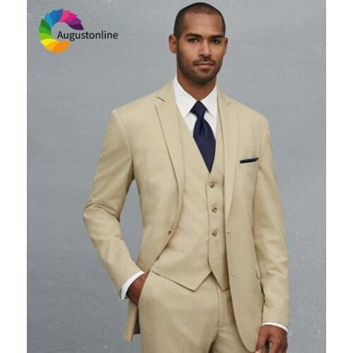 Beige Men Suits Wedding Groom Tuxedos Formal Business Wear 3 Pieces (Jacket+Pants+Vest) Slim Fit Best Man Blazer