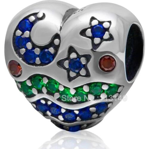 Moon Star Heart Shape Micro Pave CZ Zircon Authentic 925 Sterling Silver European Charm Beads For DIY Bracelet Necklace SZPB212