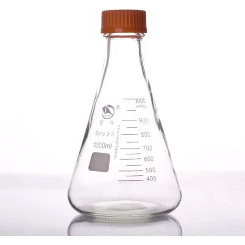 1000ml,Glass Erlenmeyer Flask With Yellow Plastic Screw Cap Lid,1L,Conical Bottle