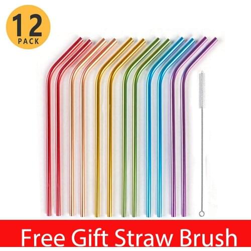 Metal Straw Reusable Rainbow Metal Drinking Straws With Brush Colorful Curved Aluminum Straws for Birthday Presents Party Favors