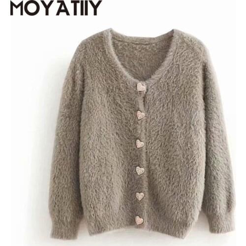 MOYATIIY Fashion Women Winter Autumn Cardigan Sweaters Sweet Heart Shape Button Cardigan Coats Outwear Solid Collor Female Tops