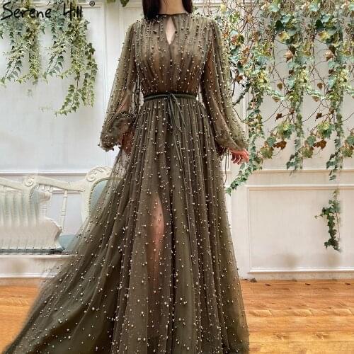 Muslim Olive Green Evening Dresses Gowns 2021 Luxury Pearls Long Lantern Sleeves For Women Party Wears BLA70885 Serene Hill
