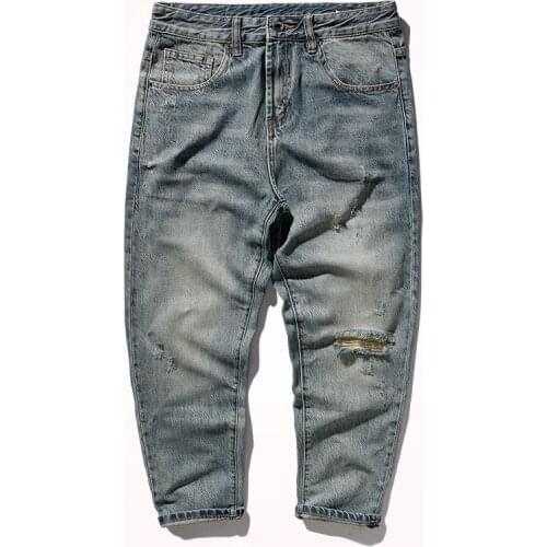 2021 Summer New Holes Denim Jeans Mens Fashion Scraped Beggars Pants Light Blue Nostalgic Washed Straight Casual Pencil Pants