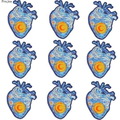 Prajna 10PCS Van Gogh Heart Embroidered Patches For Clothing Iron On Patches Cartoon Patches For Clothes Applique Stripe Badges