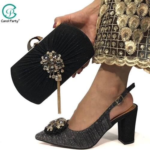 2020 New Arrival Fashionable Italian design Black Shoes with Matching Bags for Women Luxury Shoe Decorated with Rhinestone