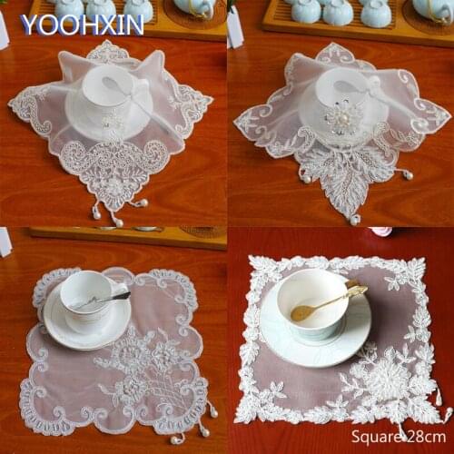 NEW white mesh beads Lace embroidery placemat cup coaster tea mug kitchen table place mat cloth doily Christmas wedding pad