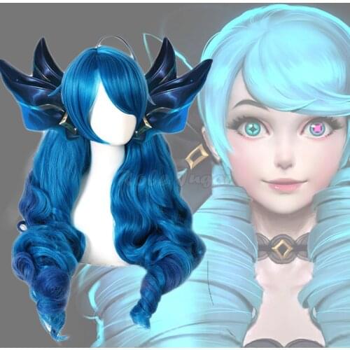 Game LOL Gwen Cosplay Wig Gradient Blue Wavy Ponytails Synthetic Hair for Halloween Party C95M165
