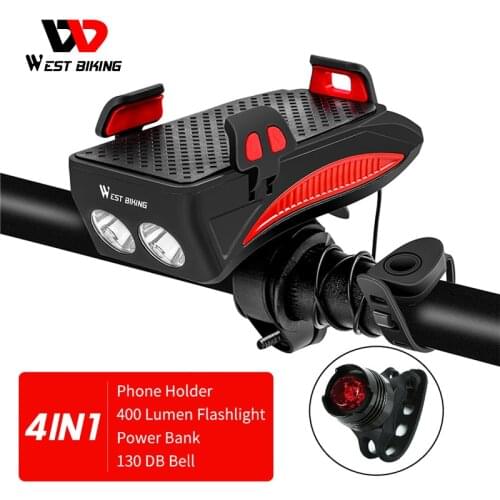WEST BIKING 4 in 1 Bicycle Light Flashlight Bike Horn Alarm Bell Phone Holder Power Bank Bike Accessories Cycling Front Light