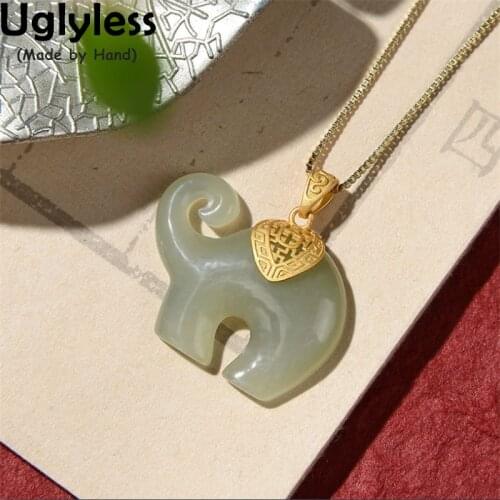 Uglyless Naughty Showering Elephant Necklaces for Women Natural Jade Animals Pendants NO Chain Thailand Totem Animal Gifts Jewel