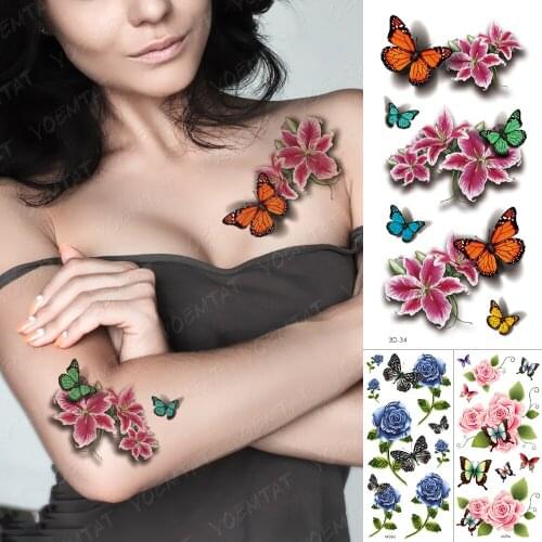Waterproof Temporary Tattoo Sticker Lily Butterfly Fake Tatto Flash Blue Rose Feather Tatoo Body Art 3d For Women
