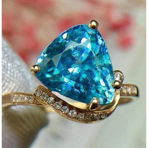 Fine Jewelry Real 18K Rose Gold 100% Natural Blue Zircon Gemstone 5.6ct 18k Gold Diamonds Stone Fine Rings for Women Jewelries