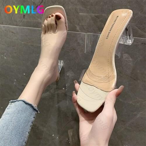 2021 summer new net red word with transparent square head high-heeled sandals female thick heel crystal with sandals High heels