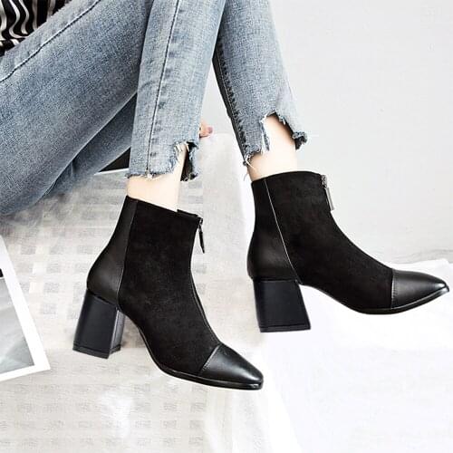 MaxMuxun Women Shoes Comfort Low Block Ankle Boots Fashion Stitching Front Zipper Booties