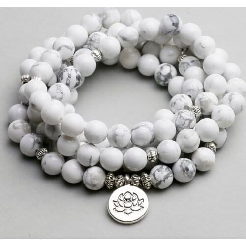 Women`s Bracelet White Howlite Beads with Lotus OM Buddha Charm Yoga Men Bracelet 108 Mala Necklace Dropshipping Stone Jewelry