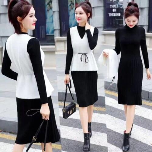 2021 Autumn Winter Knitted 2 Piece Set Women Imitation Mink Velvet Vest + Lady Knitting Dress Suit Womens Outfits X127