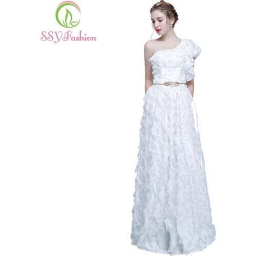 SSYFashion New The Banquet Prom Dress Elegant One Shoulder White Feathers Floor-length Long Evening Party Formal Gown Custom