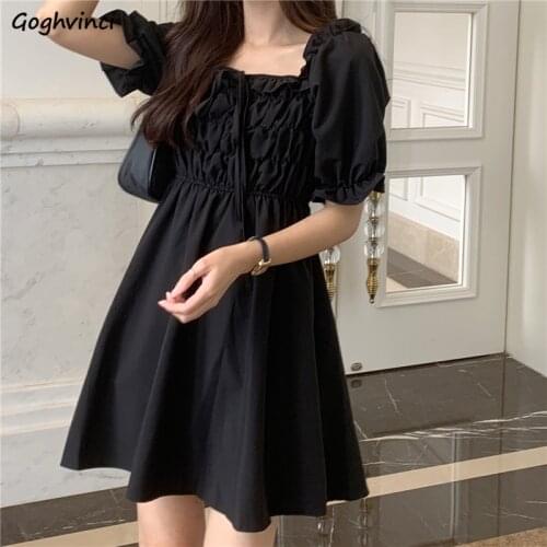 Fairy Temper Black Dress Women Puff Sleeve Pleated Fungus Square Collar Vintage Elegant A-line Slim Lace-up Vestido Sweet Cozy