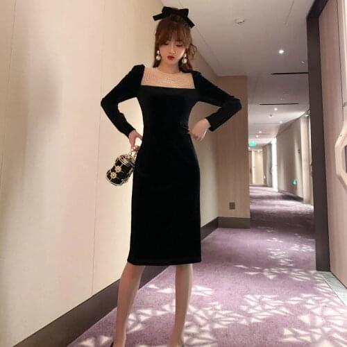 2020 High End Black Women Dresses Autumn Vintage Long Sleeve Office Ladies Runway Party Red A Line Beading Velvet Dress Vestidos